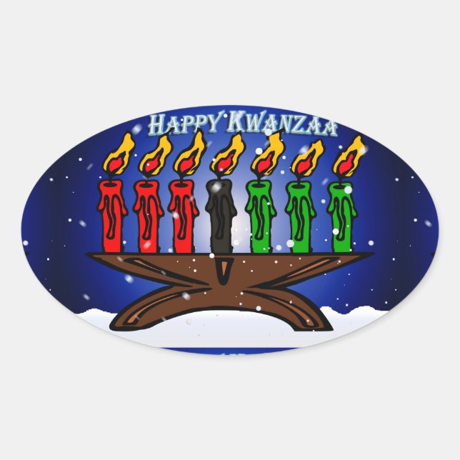 Kwanzaa Candle Kinara mit Schnee und Gruß Ovaler Aufkleber (Vorderseite)