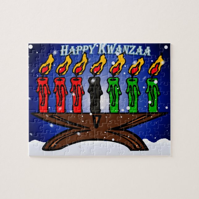 Kwanzaa Candle Kinara mit Schnee und Gruß Puzzle (Horizontal)