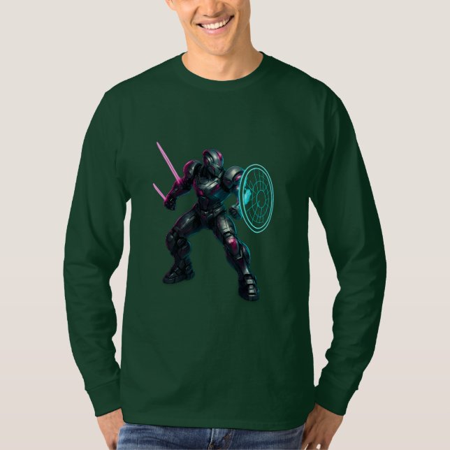 Kybernetischer Gladiator – Neonklingenkrieger T-Shirt (Vorderseite)