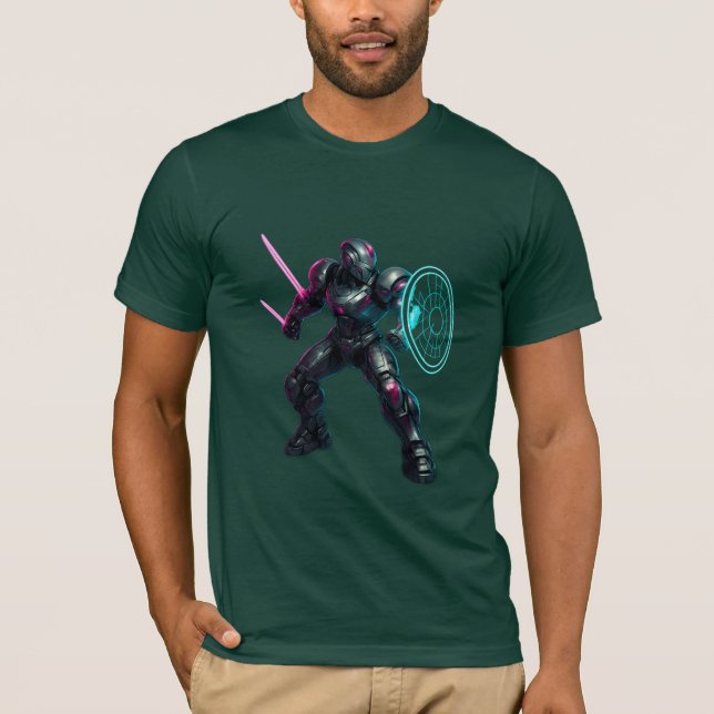 Kybernetischer Gladiator – Neonklingenkrieger T-Shirt (Vorderseite)