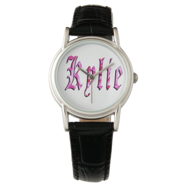 Kylie, Name, Logo, Ladys Black Leather Watch. Armbanduhr (Vorderseite)