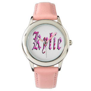 Kylie, Name, Logo, Mädchen Rosa Lederuhr. Armbanduhr