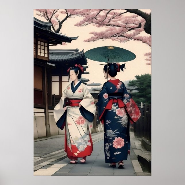 Kyoto-Frühlings-Spaziergang-Wandkunst – Kimono-Sze Poster (Vorne)