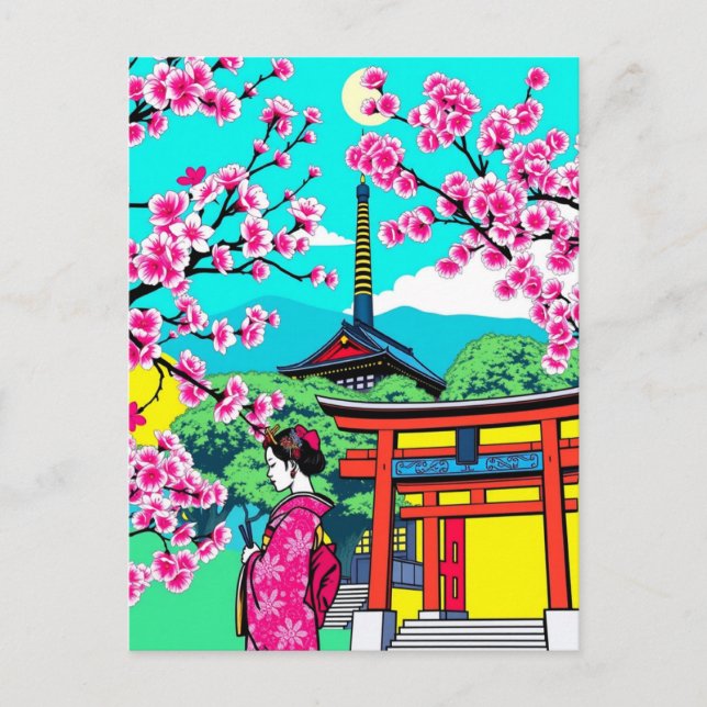 Kyōto, Japan Cherry Blossom Geisha Art Travel Postkarte (Vorderseite)
