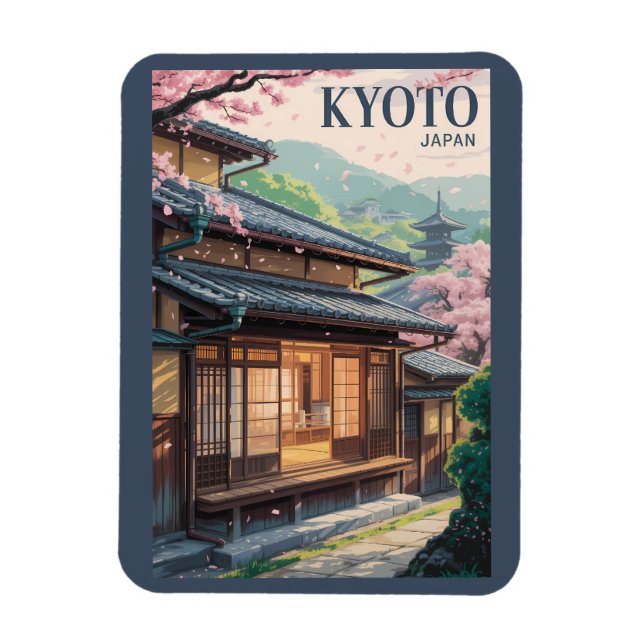 Kyoto Japan House Illustration Travel Art Vintage Magnet (Vertikal)