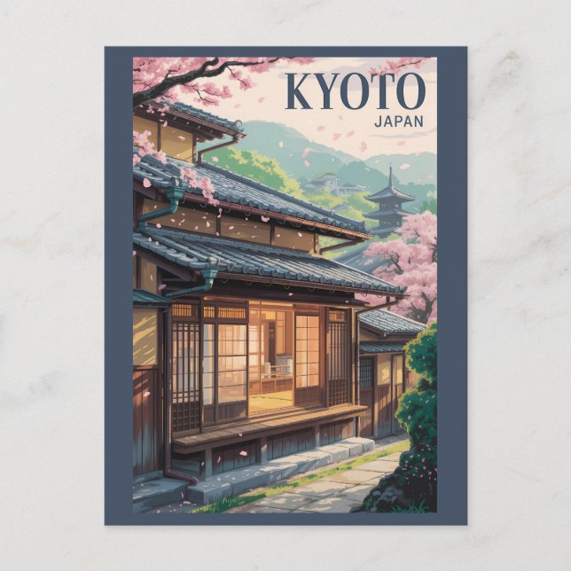 Kyoto Japan House Illustration Travel Art Vintage Postkarte (Vorderseite)