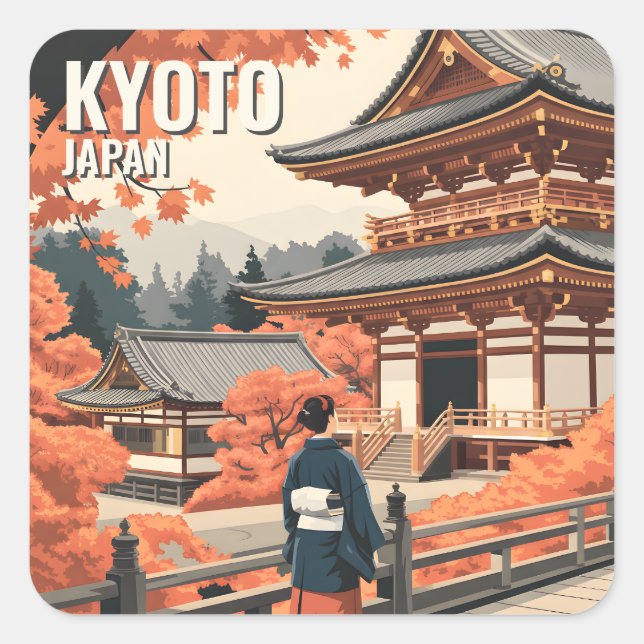 Kyoto Japan Travel Autumn Temple Retro Personalize Quadratischer Aufkleber (Vorderseite)