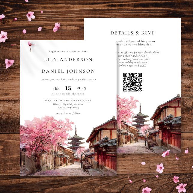 Kyoto Japan Watercolor QR Code Wedding Einladung (Kyoto Japan Watercolor QR Code Wedding Invitation)
