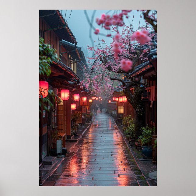 Kyoto Street at Dusk – Lantern Japanese Art Poster (Vorne)