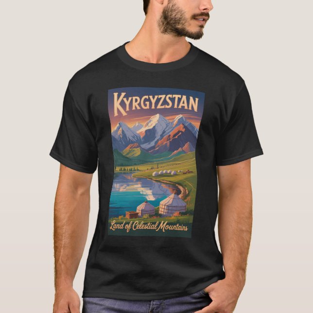 Kyrgyzstan Mountains Illustration Travel Art Vinta T-Shirt (Vorderseite)