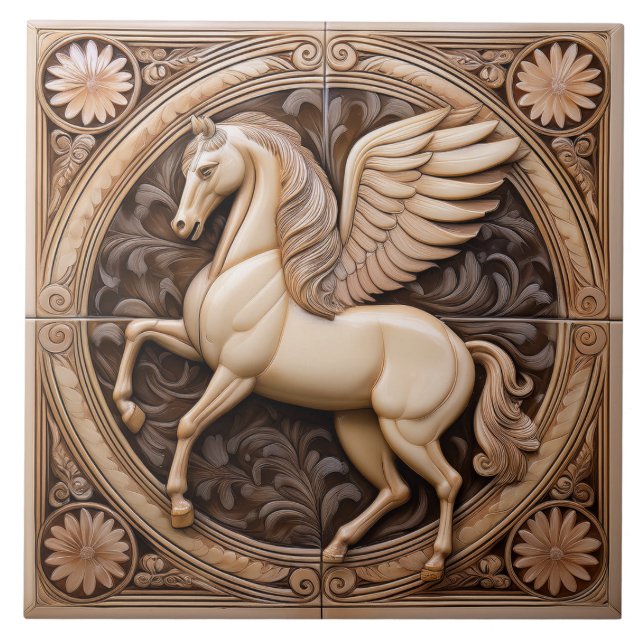 L Beige faux relief Art Nouveau Winged Horse Fliese (Vorderseite)
