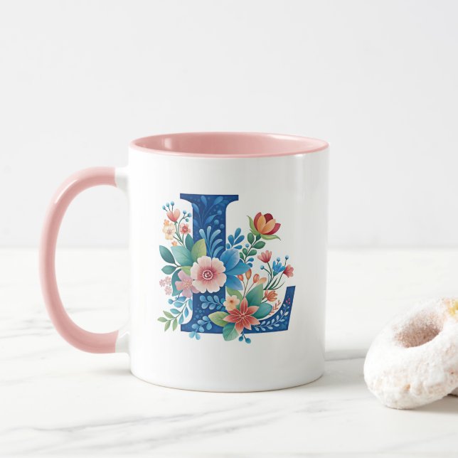 L blaues Monogramm mit Blume Tasse (Mit Donut)