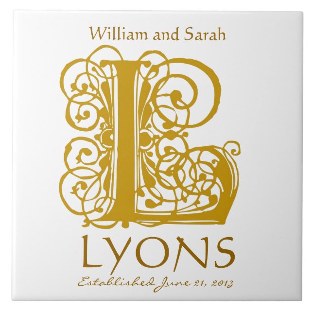 L Gold Monogram on White - Names Wedding Date Tile Fliese (Vorderseite)