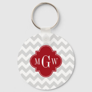 L Gray Wht Chevron Cranberry Quatrefoil 3 Monogram Schlüsselanhänger