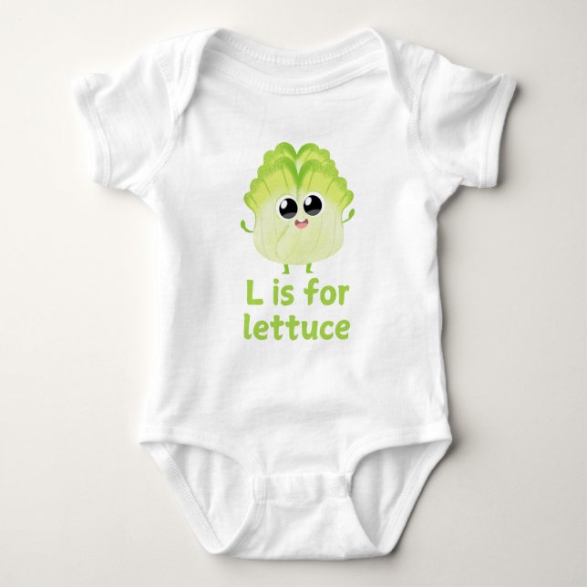 L ist für LETTUCE Green Veggie Alphabet L Baby Strampler (Vorderseite)