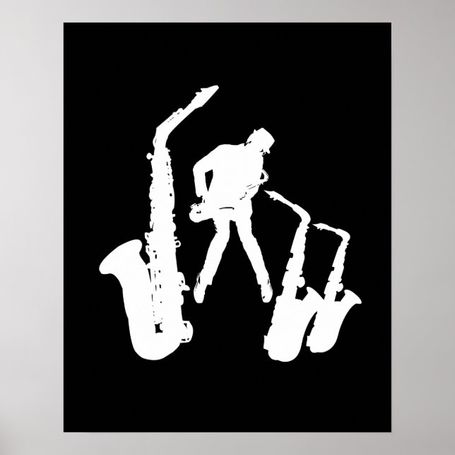 L Jazzman White Silhouette Sax Black Poster (Vorne)