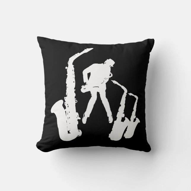 L Jazzman White Silhouette Sax Jazz Black Pillow Kissen (Vorderseite)