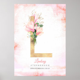 L Letter Monogram Gold Blätter Pink Magnolia Flora Poster