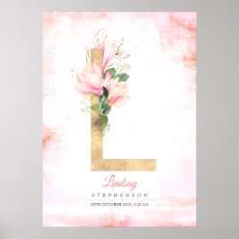 L Letter Monogram Gold Blätter Pink Magnolia Flora Poster