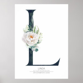 L Letter Monogram Weiße Blume und Grüne Poster