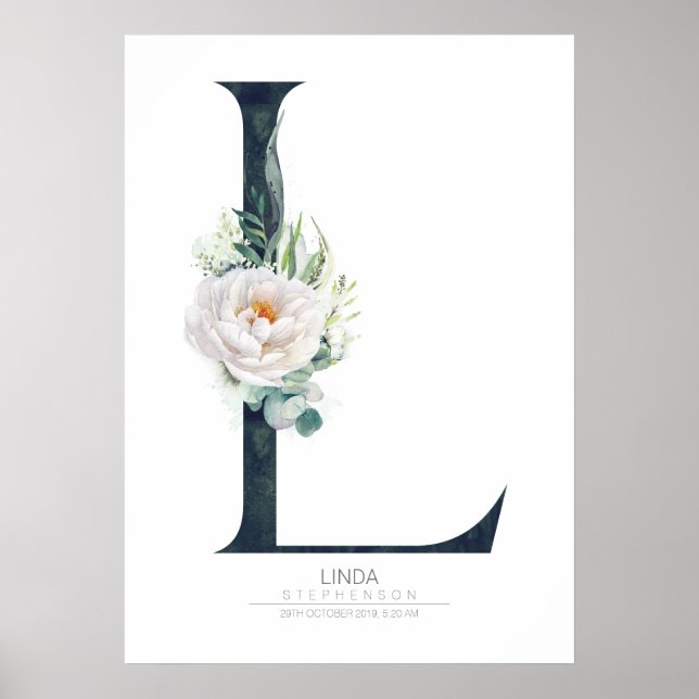 L Letter Monogram Weiße Blume und Grüne Poster (Vorne)