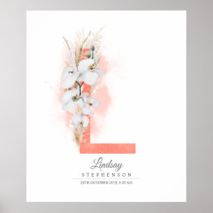 L Letter Monogram White Orchias and Pampas Grass Poster