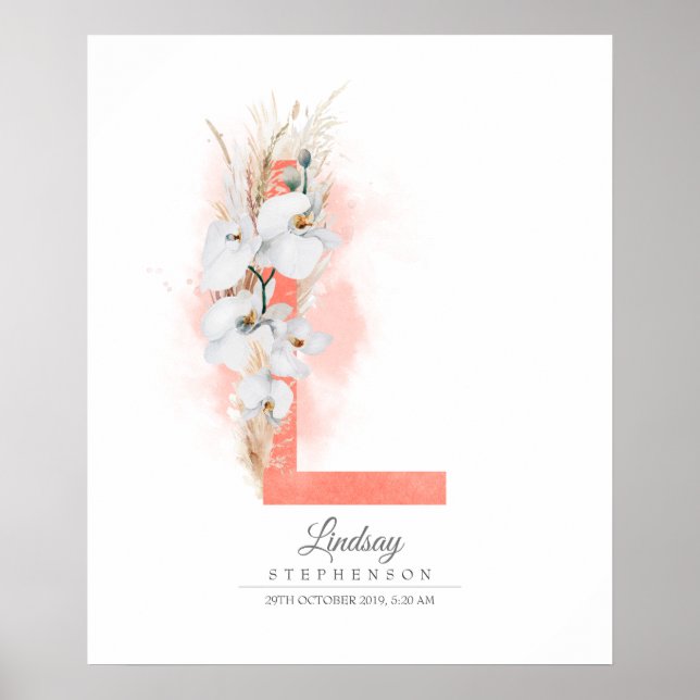 L Letter Monogram White Orchias and Pampas Grass Poster (Vorne)