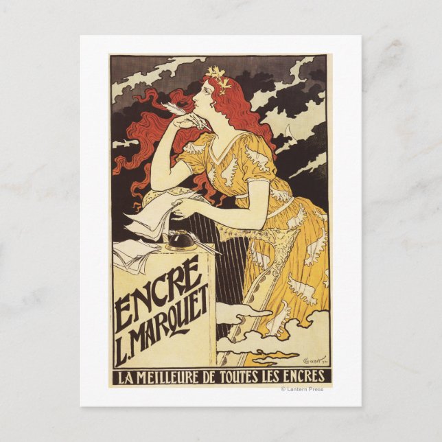 L. Marquet Ink Red-Headed Woman & Harp Postkarte (Vorderseite)
