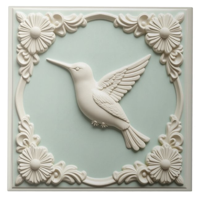 L Mint green faux relief Art Nouveau Hummingbird  Fliese (Vorderseite)