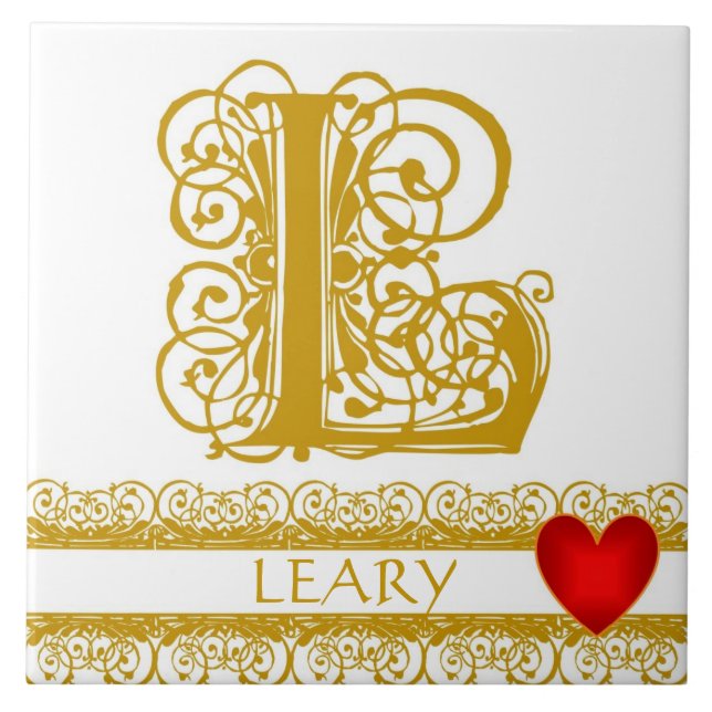 L Monogram Name Gold Lace Red Heft Template Tile Fliese (Vorderseite)