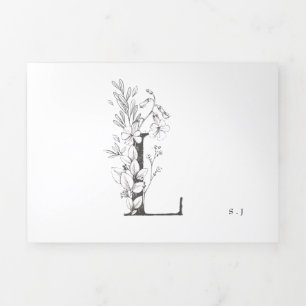 'L' Monogram Schöne gezeichnete Blumenhochzeit Dreifach Gefaltete Einladung