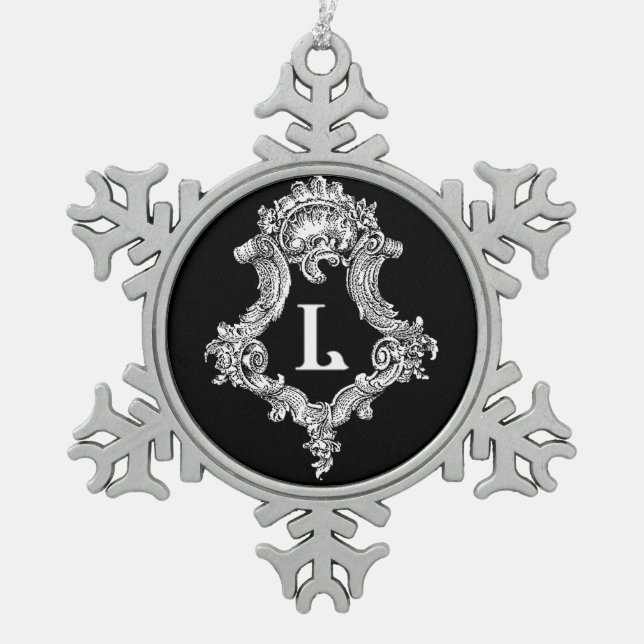 L Monogramm Erstverzierung Schneeflocken Zinn-Ornament (Vorderseite)