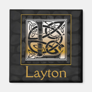 L Name Monogram "Celtic Black Stone" Square Magnet