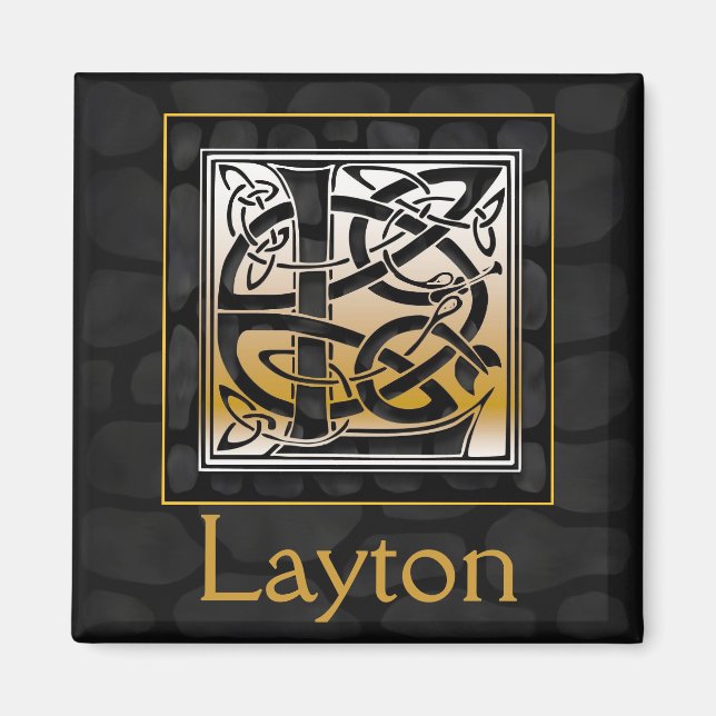 L Name Monogram "Celtic Black Stone" Square Magnet (Vorne)