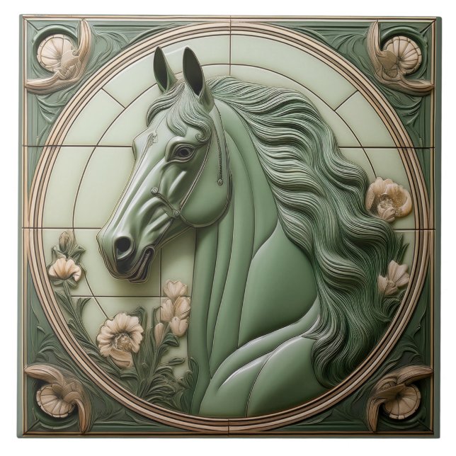 L Sage green faux relief Art Nouveau Horse Head Fliese (Vorderseite)