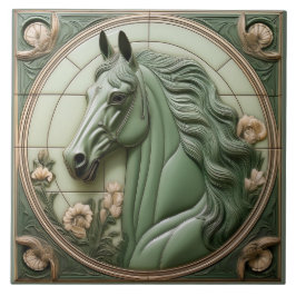 L Salbeigrüner Kunstrelief Art Nouveau Pferdekopf Fliese