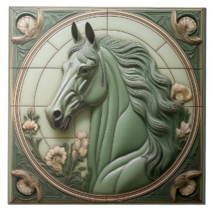 L Salbeigrüner Kunstrelief Art Nouveau Pferdekopf Fliese