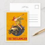 La 15 hp Bellanger | Leonetto Cappiello Postkarte<br><div class="desc">La 15 hp Bellanger (1921) | Das 1921 erschienene Werbeplakat von Leonetto Cappiello für La 15hp Bellanger erweckt die Aufmerksamkeit mit einem kühlen und fantasievollen Design. Es zeigt eine Frau in einem fließenden gelben Kleid, sitzt auf einem Globus und bläst ein Horn, um die Ankunft eines Bellanger Autos zu verkünden,...</div>