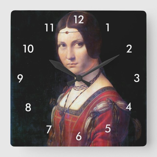 La Belle Ferronniere, Leonardo da Vinci Quadratische Wanduhr (Vorderseite)