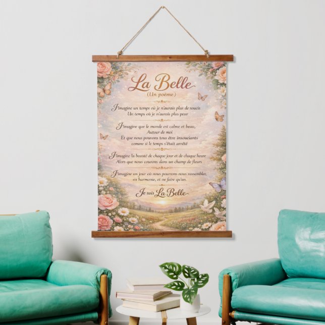 La Belle (Un poème) on Wooden Tapestry Wandteppich Mit Holzrahmen (Wohnzimmer)
