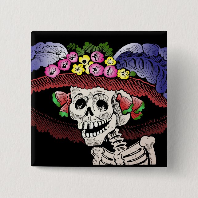 La Calavera Catrina in Farbe Button (Vorderseite)