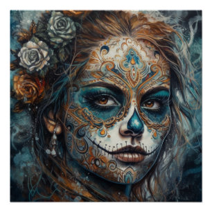 La Catrina Azul Día de los Muertos Zucker-Schädel Poster