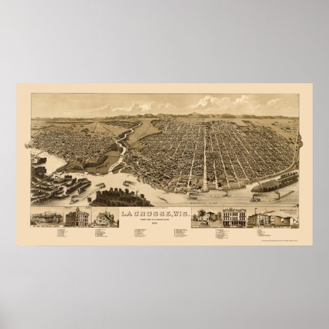 La Crosse, WI Panorama Karte -1887 Poster (Vorne)
