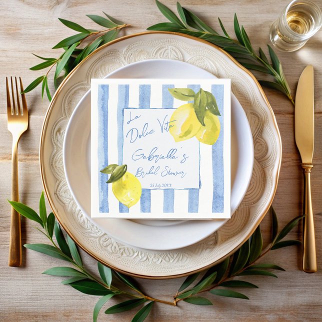 La Dolce Vita blaue Streifen Zitronen Brautparty Serviette (La Dolce Vita handrawn blue stripes lemons retro Italian bridal shower monogrammed printed Napkins)