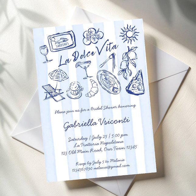 La dolce vita blue stripes Italian bridal shower Einladung (La dolce vita blue stripes Italian bridal shower Invitation cards template blue stripes hand drawn)