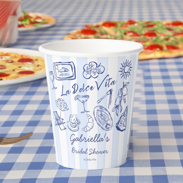 La dolce vita blue stripes Italian bridal shower Pappbecher (La dolce vita blue stripes hand drawn Italian bridal shower personalized Paper Cups)