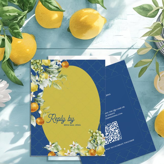 La Dolce Vita Citrus Blue Gold QR Code Wedding RSVP Karte (La Dolce Vita Citrus Blue Gold QR Code Wedding RSVP Card)