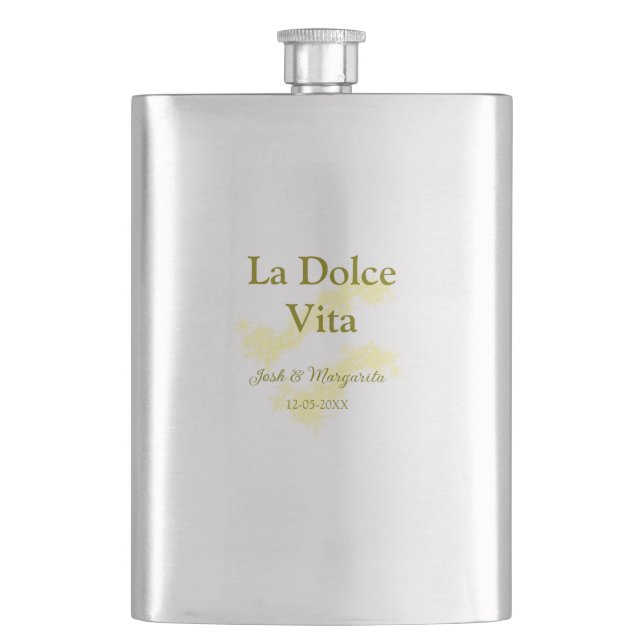 La Dolce Vita gelbe Hochzeitsgesellschaft Name Dat Flachmann (Vorderseite)
