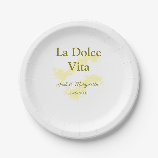 La Dolce Vita gelbe Hochzeitsgesellschaft Name Dat Pappteller (Vorderseite)