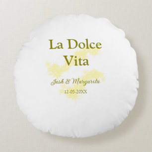 La Dolce Vita gelbe Hochzeitspaar Name Datum Glitt Rundes Kissen
